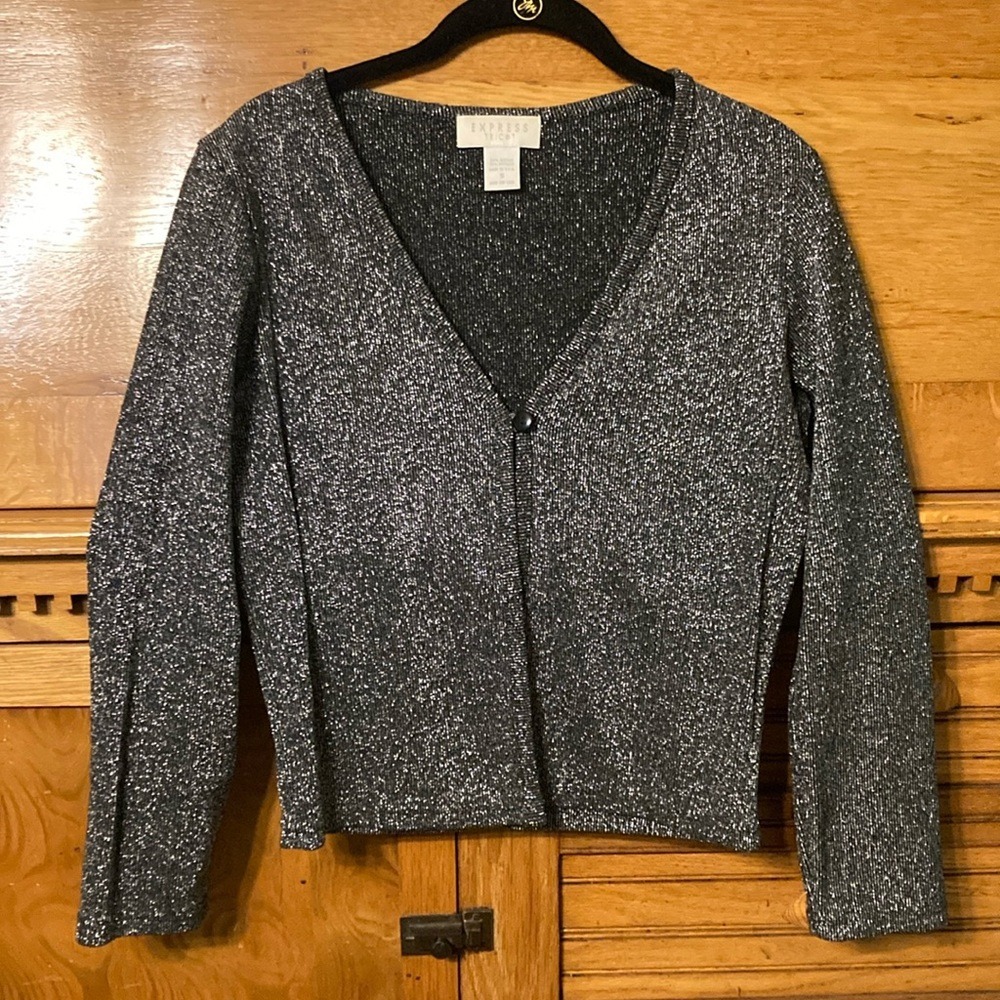 Vintage Express Tricot Glam Silver Metallic Knit Single Button Cardigan Sweater‎